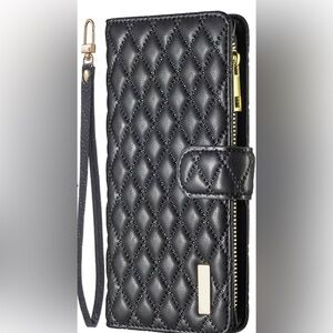 Black Quilted iPhone Xs, X Wallet Cover with Flip Credit Card Holder Stand